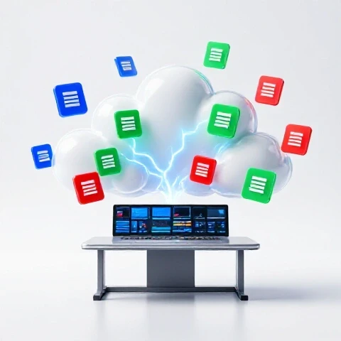 A vibrant workspace with swirling clouds obscuring colorful video file icons and a glowing connection line breaking through, set on a bright white background.