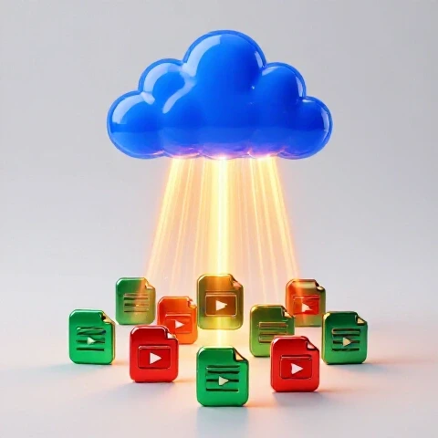 Glowing blue cloud protects colorful video file icons below with beams of light on a bright studio backdrop.