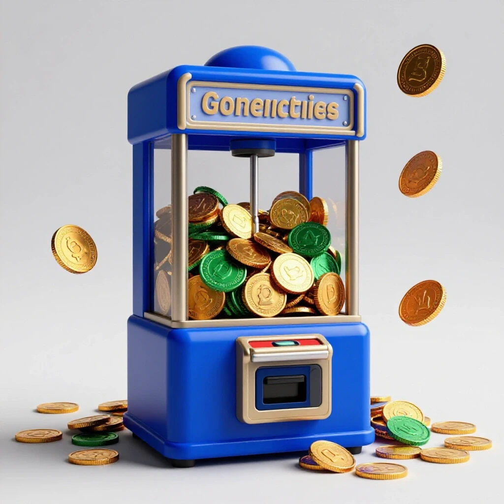 A vibrant coin pusher machine overflowing with coins, featuring one coin suspended mid-air in a whimsical scene.
