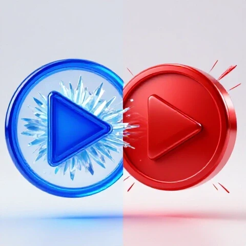 Split-screen image of frozen blue play button with ice shards versus dynamic red play button with energy lines.