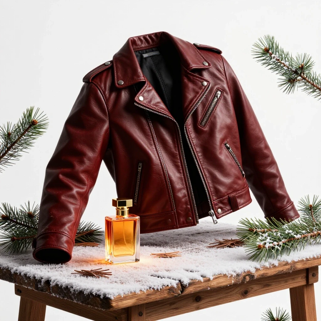 Luxurious leather jacket draped over a frost-covered table with a glowing oud perfume bottle and winter foliage.