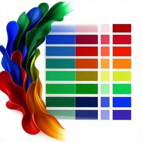 Vivid color swatches flowing from chaotic mix to neat order on a bright white background, symbolizing clarity in color workflow.