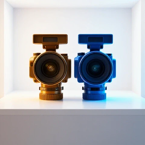 Two vibrant cameras face forward, one in warm tones and one in cool tones, blending colors at the center on a bright clean background.