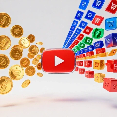 Golden coins from a YouTube play button merging with colorful digital income icons on a bright background.