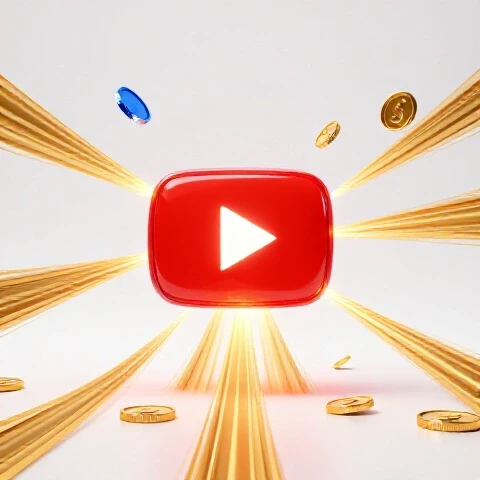Glowing YouTube play button at center with golden coins and streams of light merging toward it on a bright background.