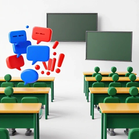 Split scene showing vibrant debate symbols on one side and a focused classroom setup on the other, with bold colors and bright studio lighting.
