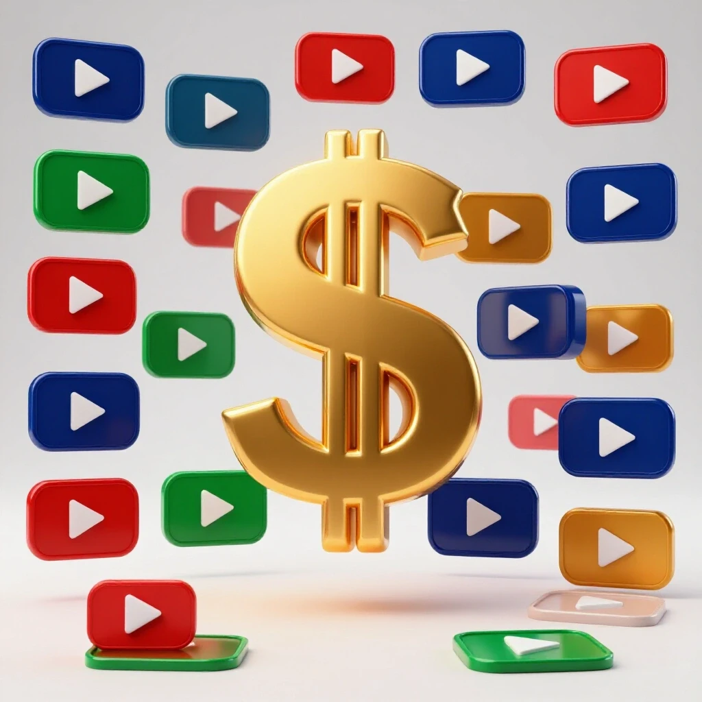 A golden dollar sign hovering above colorful YouTube play buttons representing different sponsorship types in a bright studio setting.