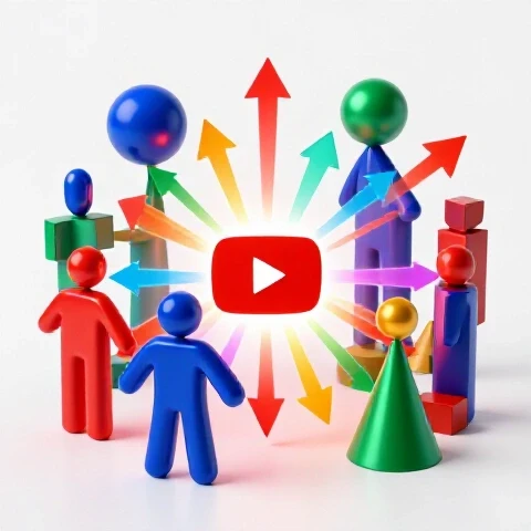 A group of vibrant, colorful abstract shapes gathers around a glowing YouTube play button, with energetic beams radiating outwards.