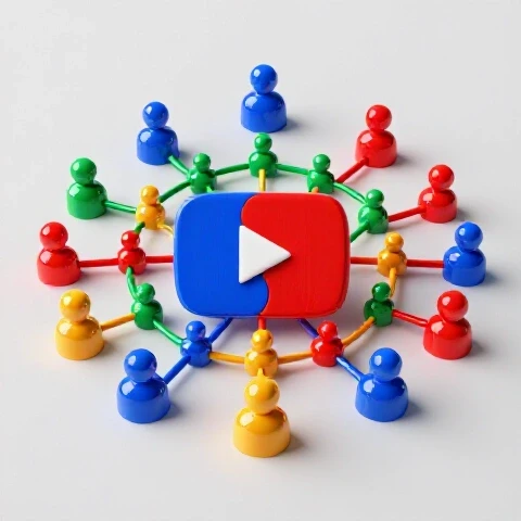 A faded video thumbnail transforms as vivid, colorful audience icons interconnect and radiate outward, symbolizing community growth on a luminous background.