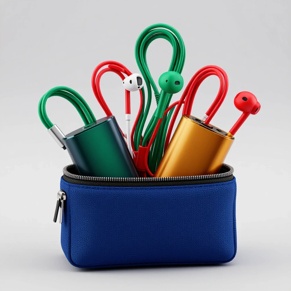A vibrant compact gadget pouch overflowing with tech gadgets, set against a luminous light grey background.