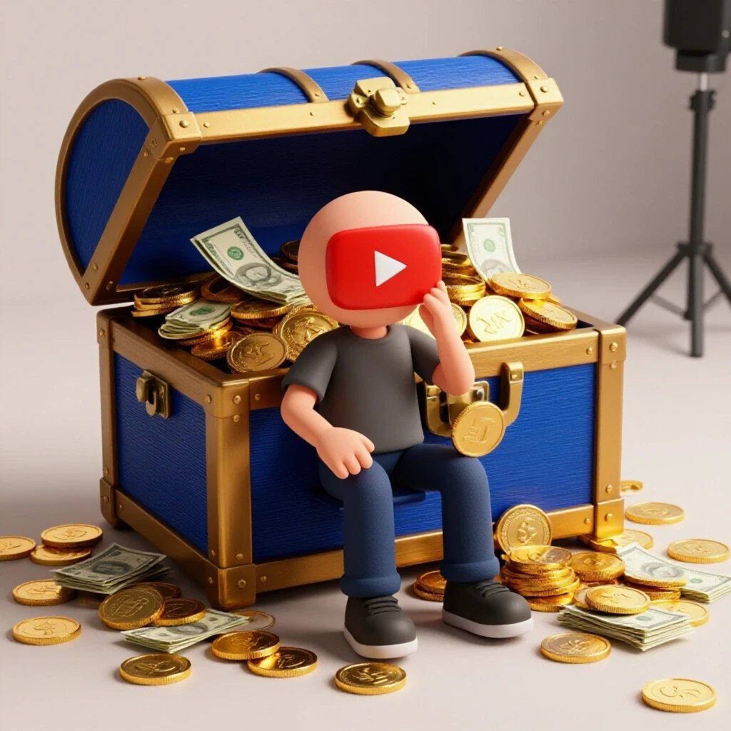 A small YouTuber facing an overflowing treasure chest symbolizing potential sponsor wealth.