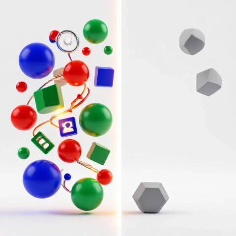 Split scene with vibrant, connected colorful shapes on one side and muted, sparse objects on the other, highlighting contrasting audience engagement.