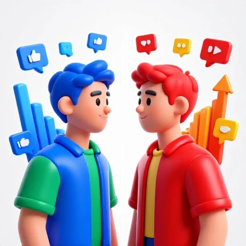 Two contrasting video creator avatars face off across a split screen, surrounded by dynamic growth icons and colorful upward graphs on a luminous white background.