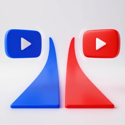 Two parallel video channels as split screens with contrasting blue and red YouTube icons on a bright white background
