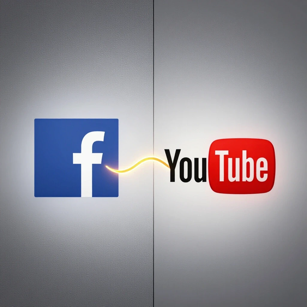 Split-screen image of Facebook and YouTube logos with a glowing connection line, symbolizing integration.
