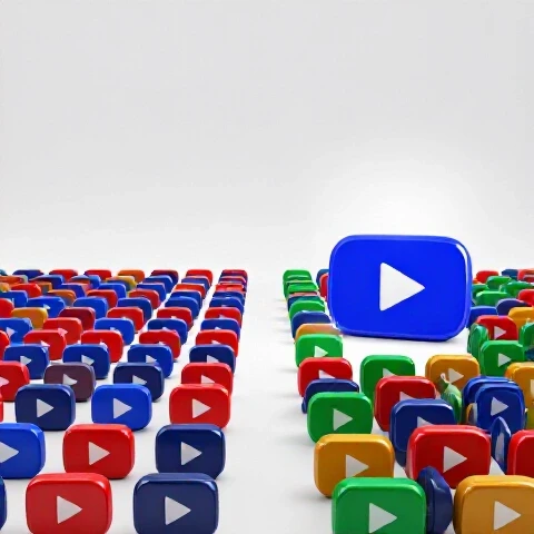 Split scene showing identical video thumbnails in a row beside a standout thumbnail among diverse, colorful thumbnails