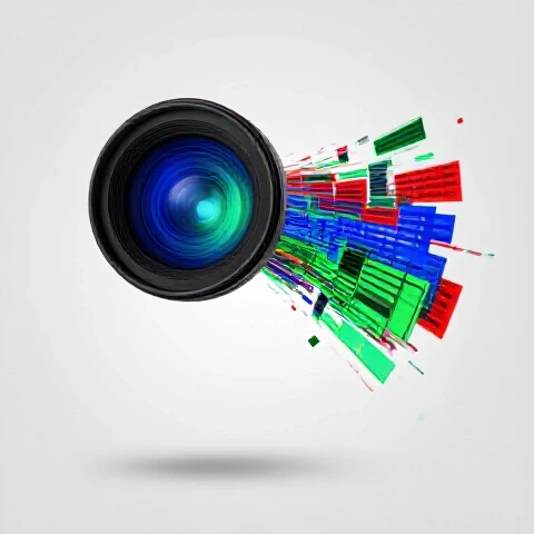 A camera lens centered among vibrant, sharp video frames flowing outward, surrounded by chaotic glitchy visuals on a bright background.