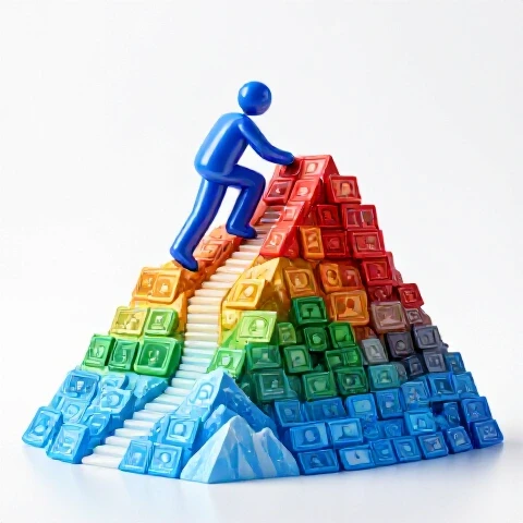 Iconic creator figure climbs a vibrant mountain of video thumbnails, upward path shows changing seasons