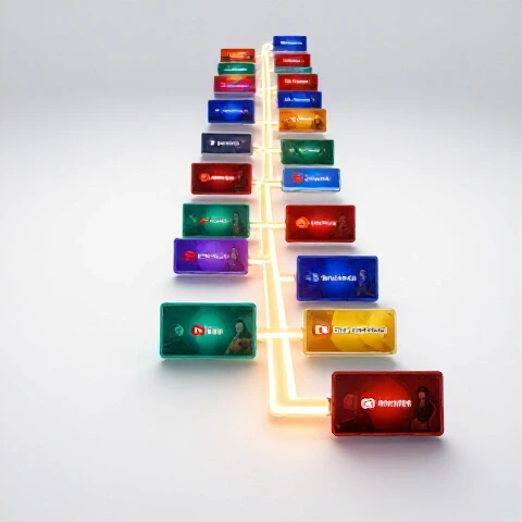 A vibrant, colorful array of video thumbnails ascending along a glowing path on a bright white background, symbolizing structured content progression.