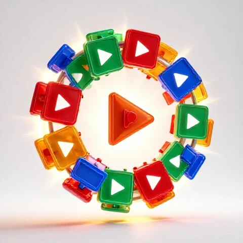 Dynamic glowing flywheel of colorful video play icons radiating energy against a bright white background