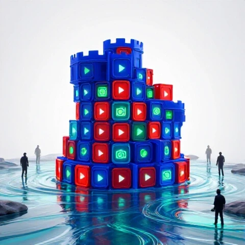 A glowing fortress made of video play buttons and camera icons rises from a flowing river, viewed by curious explorers.