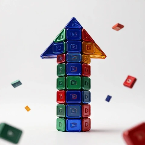 Vibrant column of video thumbnails supports an upward arrow, with dim thumbnails falling aside on bright white background.