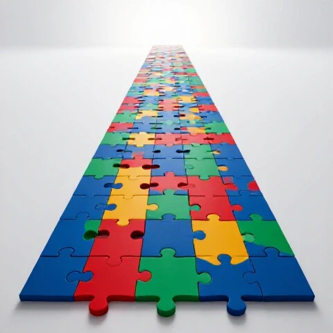 Winding path of colorful interlocking puzzle pieces leading to a glowing horizon, symbolizing evolving strategy.