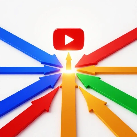 Colorful paths with glossy arrows converge at a glowing YouTube play button, symbolizing growth choices.