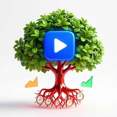 A vibrant tree with lush leaves grows from a glowing play button, its roots wrapping around clocks and graphs, set on a bright background.