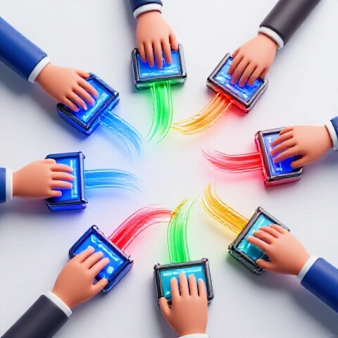 Overhead view of futuristic hands using illuminated control panels with swirling colored light trails, set against a bright studio background.