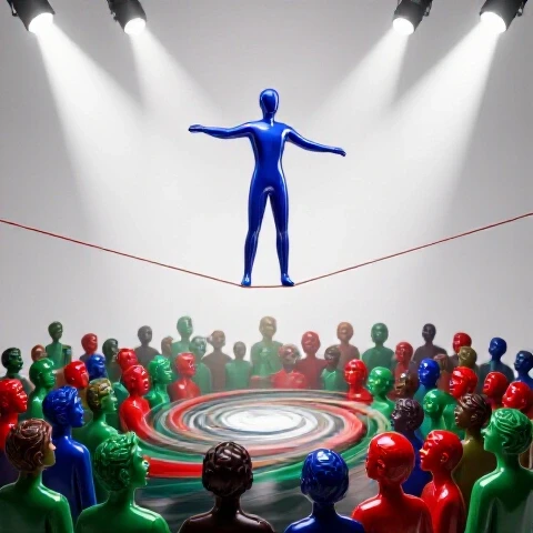 A confident figure balances on a tightrope above a swirling crowd of colorful, dramatic faces under spotlights.