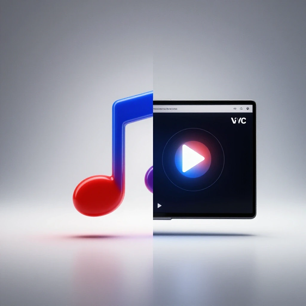A split-screen image featuring the YouTube logo transforming into a musical note and VLC player interface with a glowing play button.