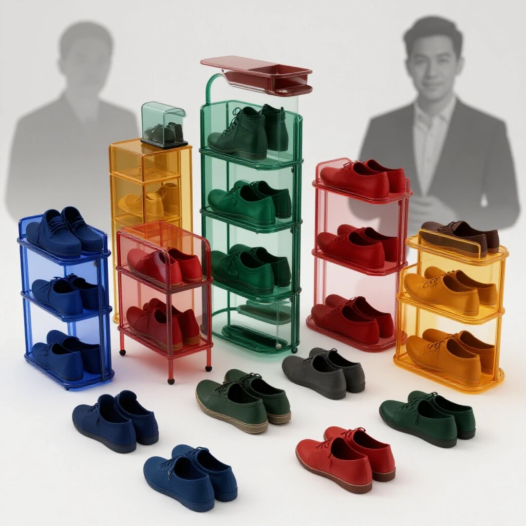 Stylish convertible shoe storage solutions arranged in a bright studio with a blurred influencer silhouette in the background.