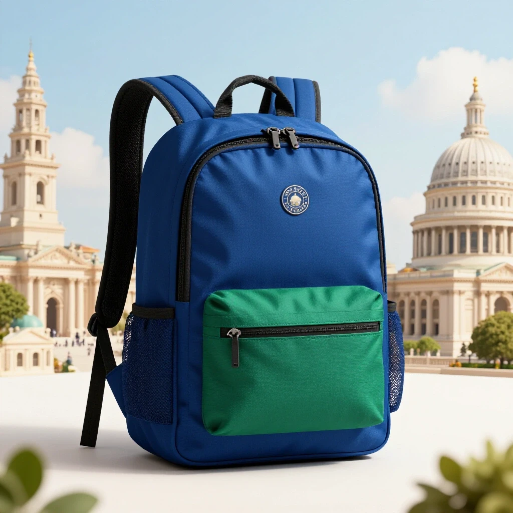 A vibrant 3D composition of a convertible sling backpack transitioning into a mini backpack against iconic travel landmarks.