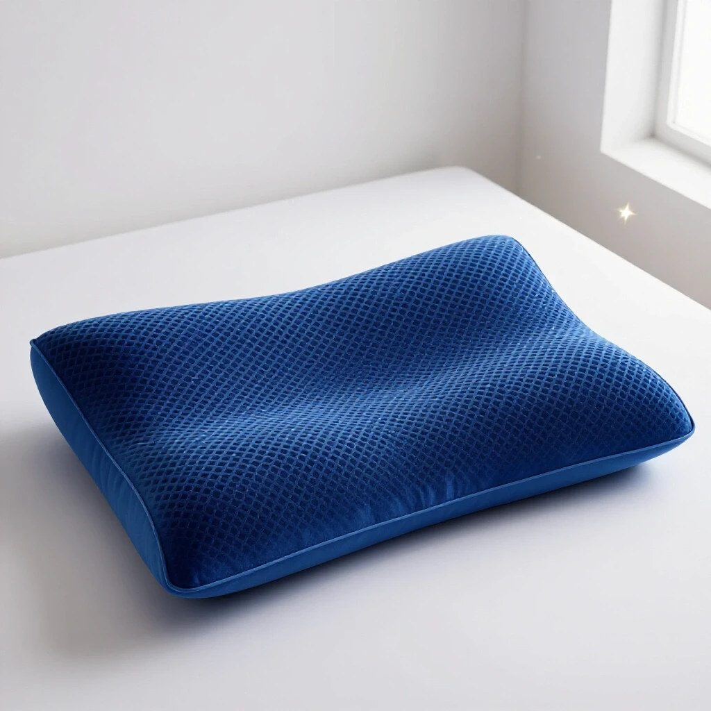 A plush cooling gel pillow set in a serene bedroom scene with a bright, clean background and soothing elements.