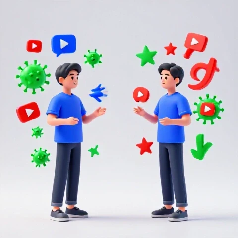 Two nearly identical video creator figures face each other, surrounded by vibrant video icons, with some icons subtly fading or glitching on one side against a bright, clean background.
