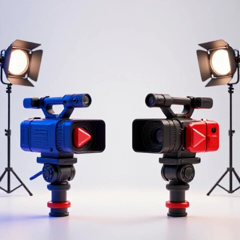 Split-screen showing two vibrant, nearly identical video production setups under intense studio lighting.
