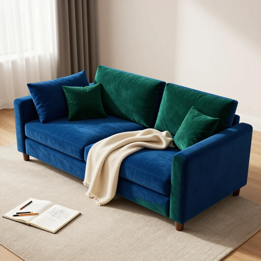 A cozy living room featuring a stylish corner sofa sleeper adorned with cushions and a throw blanket, with art supplies nearby.