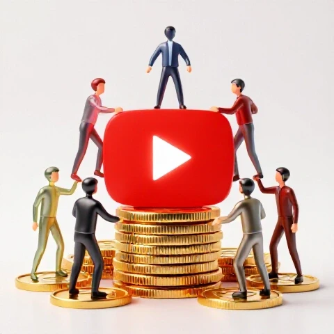 A glowing red YouTube play button atop stacked gold coins, surrounded by abstract team figures climbing upward, symbolizing growth and collaboration.