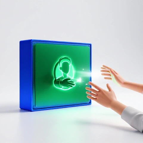 Confident creator presenting a vibrant digital course box across a screen with dynamic glowing exchange
