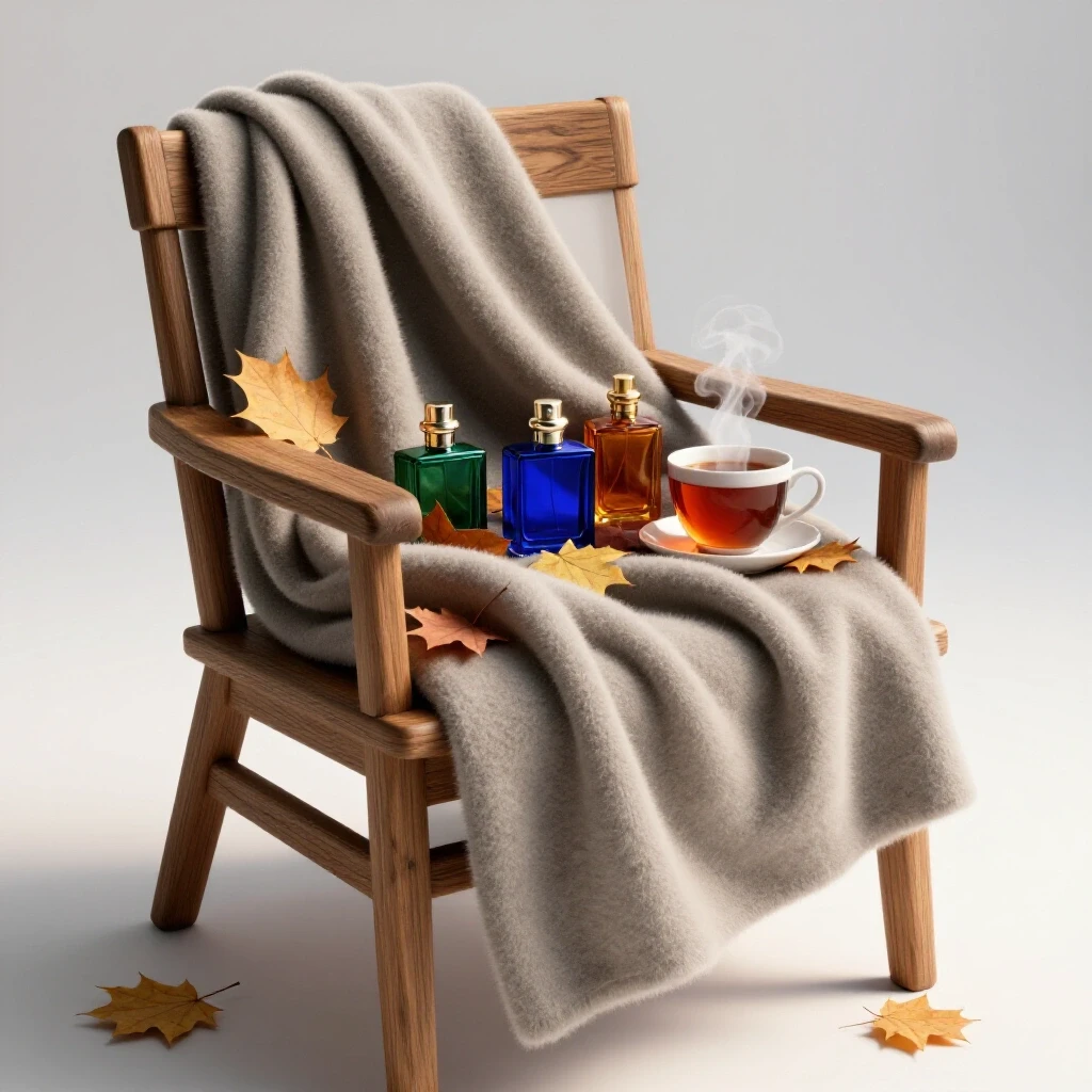 A rustic chair draped with a cozy wool blanket, surrounded by warm autumn leaves, perfume bottles, and a steaming cup of tea.