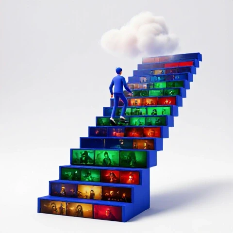 Vibrant staircase of video thumbnails in rich colors ascending into clouds with creator icon climbing upward.
