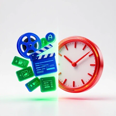 Split scene of dynamic video editing elements assembling beside a fast-moving clock, set on a bright white background.