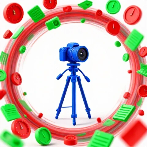 A vibrant blue camera stands calm on a tripod, surrounded by swirling colorful chaos in a bright white studio.