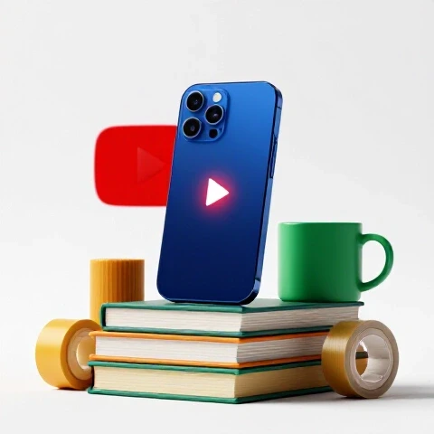 Improvised camera gear like a smartphone on household items with a glowing YouTube play button in a bright studio setting