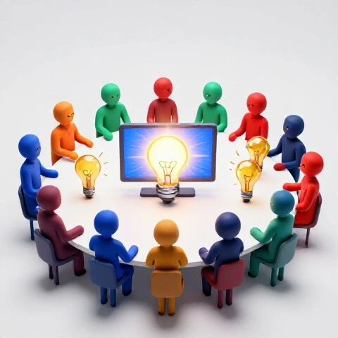 Abstract creator icons analyze a glowing video screen at a roundtable, surrounded by vibrant idea lightbulbs.