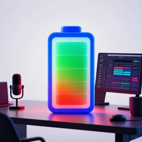 A colorful battery icon morphs into a stylish content creator workspace on a bright studio background.