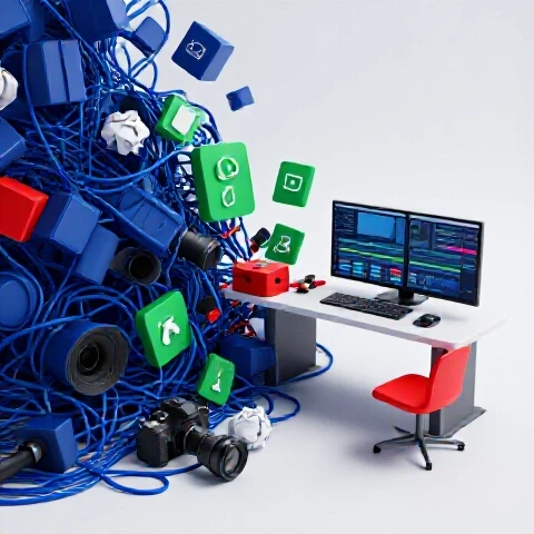A chaotic workspace transforming into an organized video editing zone with dynamic lighting and bold colors