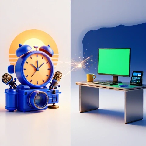Split scene with vibrant sunrise and tools on one side, calm night workspace on the other, symbolizing creator balance.