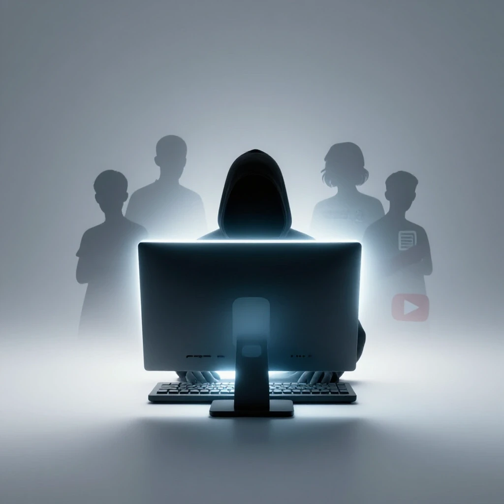 A shadowy figure looking at a glowing computer screen with ghostly YouTube icons in the dark.
